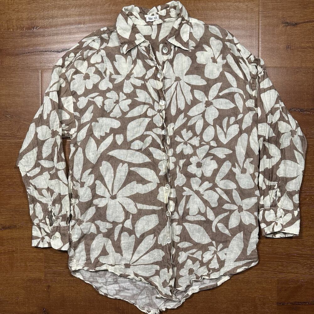 Vitamin A Button Up Shirt Womens M Brown Floral Oversized 100% Linen Blouse Top